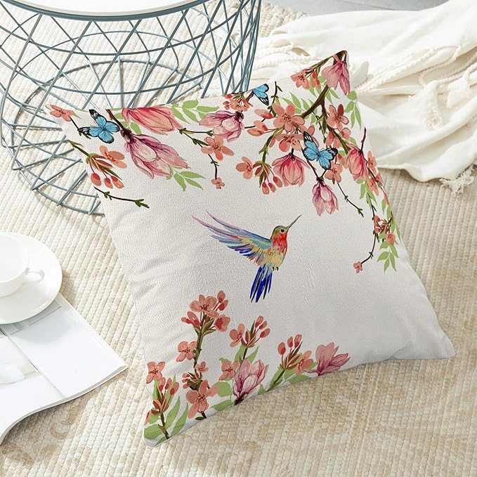 Hummingbird Flower Pillow Covers 20 x 20 Inch Set of 2 for Watercolor Floral and Birds Spring Blooming Decor Throw Pillows Nature Plant Outdoor Decorative Cushion Cases for Couch Bed Decoration-Ruum Studio Home