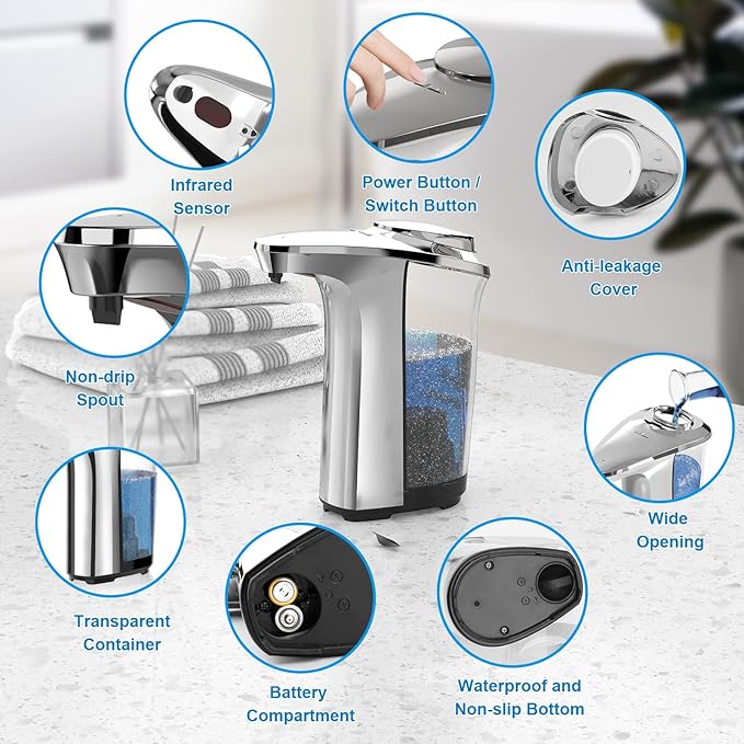 Automatic Soap Dispenser, Touchless Dish Soap Dispenser 17oz/500ml with Upgraded Infrared Sensor, 5 Adjustable Soap Dispensing Levels, Liquid Hand Dispenser for Bathroom (Silver Set)-Ruum Studio Home