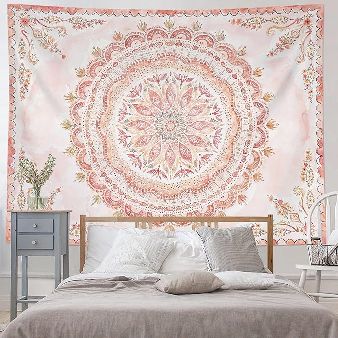 Fowocu Boho Floral Mandala Tapestry Wall Hanging Pink Bohemian Flower Medallion Tapestry Aesthetic Watercolor Hippie Indian Large Tapestries for Bedroom Living Room Dorm Decor 80 x 60 Inch-Ruum Studio Home