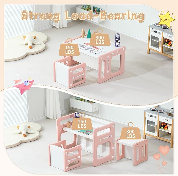 3 in 1 Montessori Weaning Table and 2 Chairs Set, Kids Desk and Chair Set, 2 Height Levels, Toddlers Activity Table for Drawing, Dining, Reading and Playing, Pink-Ruum Studio Home