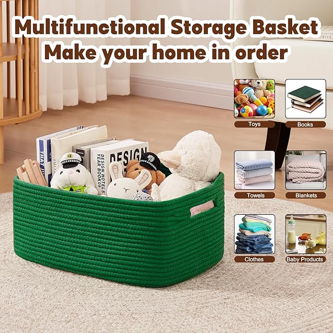 OIAHOMY Storage Basket for Shelves, Closet Cube Storage Bins Baskets for Clothes Blanket Towels, Baby Nursery, Toy Baskets Box, Woven Rope Basket, 15.75*11.81*7.09 IN, 2 Packs Green-Ruum Studio Home