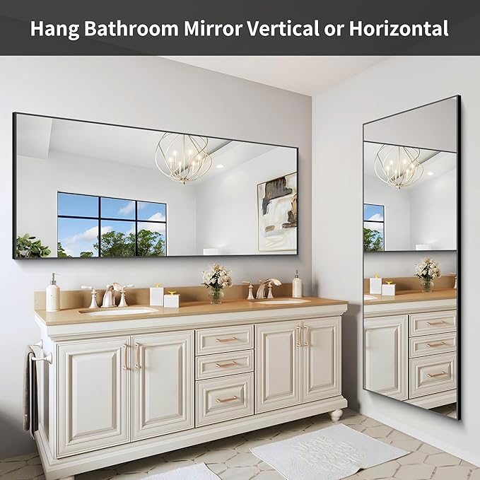 30x72inch Bathroom Mirror, Black Rectangle Mirror with Thin Frame, Large Rectangular Wall Mirror for Bathroom, Living Roomm, Hair Salon, Big Farmehouse Mirror Hang Horizontal/Vertical-Ruum Studio Home