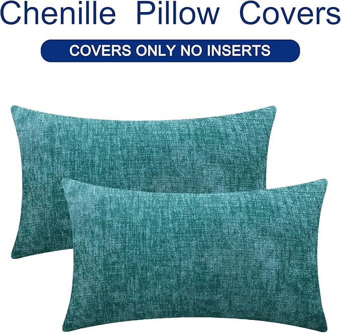 CaliTime Throw Pillow Covers Decorative 12 X 20 Inches Pack of 2 Cozy Chenille Cushion Cases for Couch Sofa Bed Living Room Home Teal-Ruum Studio Home