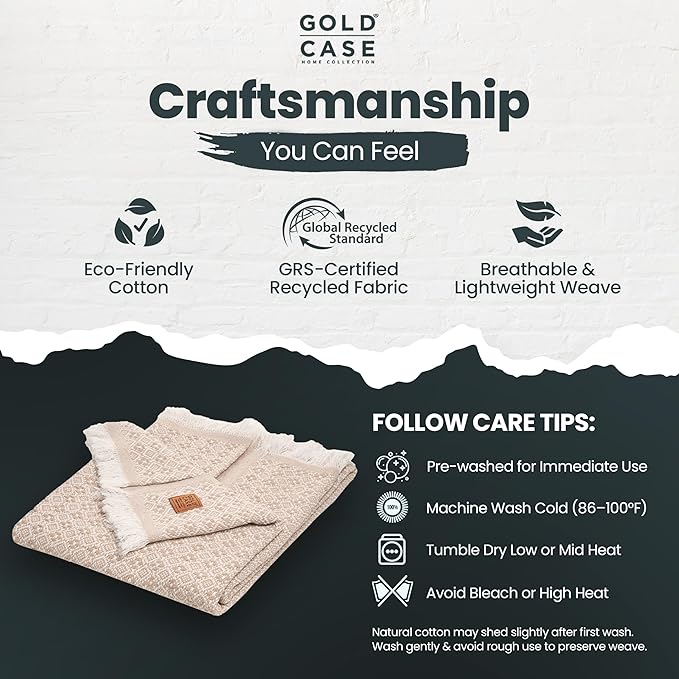 Gold Case Throw Blanket for Couch – 100% Recycled Turkish Cotton Blankets & Throws – Elegant Decorative Throw Blankets for Living Room Sofa – Woven Throws for Couch – Retro Beige – 50x60-Ruum Studio Home
