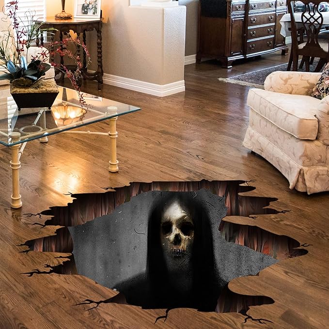 3D Halloween Wall Decals Scary Skeleton Halloween Wall Stickers, Spooky Long Hair Zombie Floor Decor Posters Decals Decorations for Living Room Bedroom Party Supplies-Ruum Studio Home