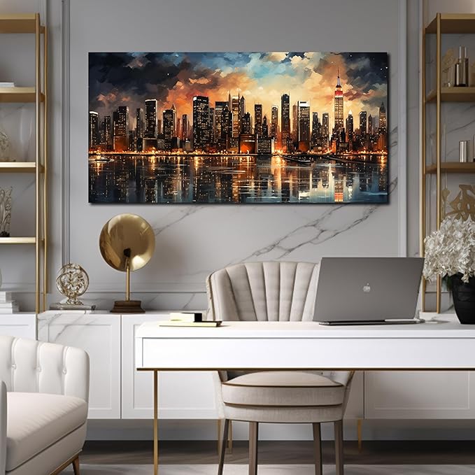 New York Skyline Wall Art for Office,Modern Living Room Wall Paintings City Wall Decor for Bedroom 29 x 59 Inch-Ruum Studio Home