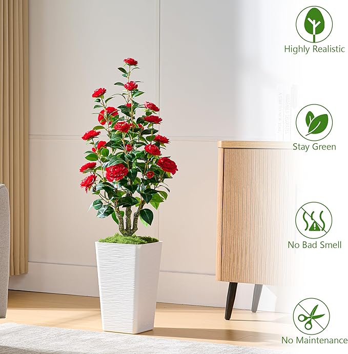 Artificial Camellia Tree 4FT Faux Trees Indoor Fake Floral Plant Blooming Tree with Red Flowers & White Tall Planter, Faux Camellia Plants for Porch Home Room Bedroom Office Front Door Outdoor Decor-Ruum Studio Home