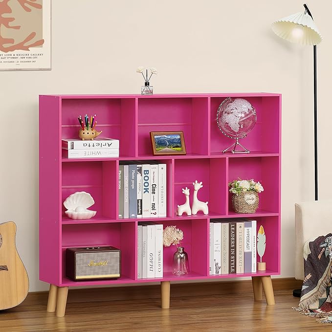 LEYAOYAO 10 Cube Bookshelf,3 Tier Modern Wide Bookcase with Legs,Mid-Century Wood Bookshelves Storage，Pink Large Book Case,Freestanding Organizer Display Shelf for Bedroom,Living Room,Office-Ruum Studio Home