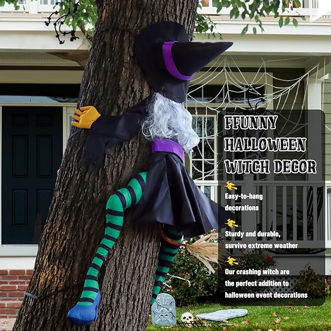 POPGIFTU 63" Crashing Witch Halloween Decoration – Flying Witch on Broom Into Tree Outdoor Yard Prop for Porch, Lawn, Garden, Pillars, Door, or Haunted House Decor-Ruum Studio Home