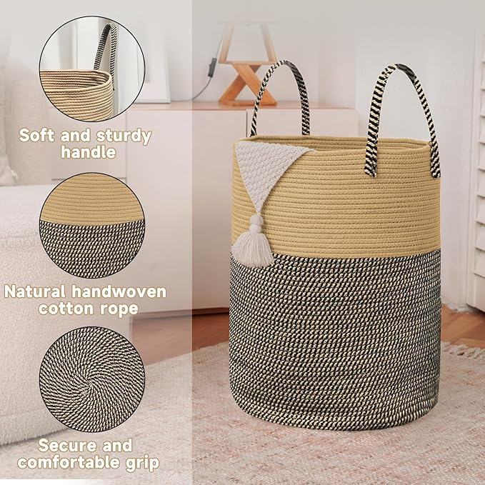 Large Woven Laundry Basket Hamper,100L Cotton Rope Storage Bin for Blankets,Toys and Clothes,Decorative Tall Nursery Hamper for Living Room,Baby Nursery,Bathroom and Bedroom,Brown and Black-Ruum Studio Home