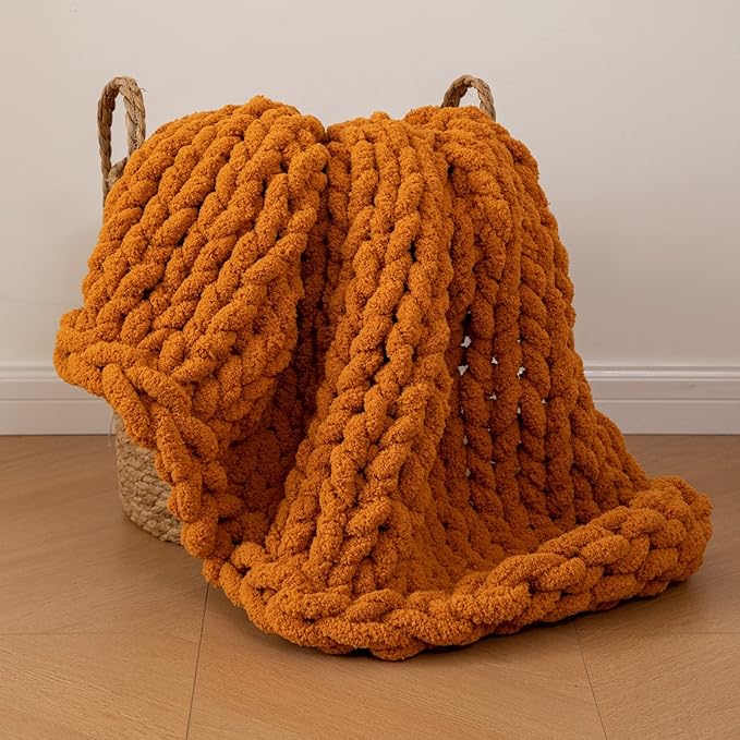 WESHIONGOO Chunky Knit Blanket Throw 40"×40" Knitted Throw Blankets for Couch Bed Fall Throw Blanket Fluffy Soft Blanket with Jumbo Chenille Yarn Thick 100% Handmade (Burnt Orange)-Ruum Studio Home