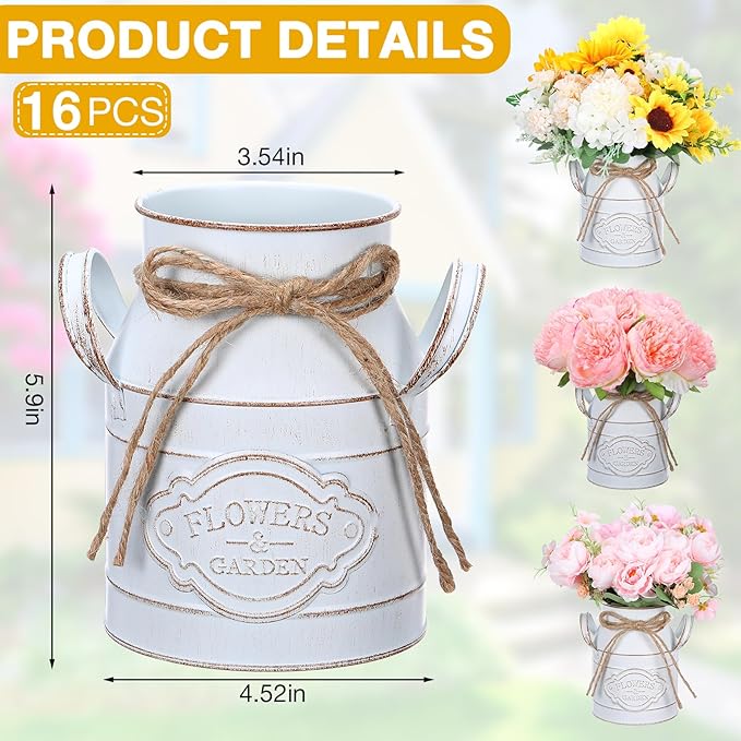6 Inch Farmhouse Vase Decor Milk Can Vintage Flower Jug Galvanized Metal Vase with Handle Rustic Flower Buckets for Thanksgiving Christmas Table Centerpiece Weddings Gifts(Retro White,16 Pcs)-Ruum Studio Home