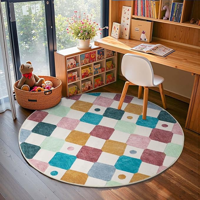 jinchan Round Rug 5ft Kids Washable Rug Indoor Floor Cover Non-Slip Soft Elementary School Classroom Modern Colorful Diamond Carpet for Nursery Daycare Bedroom Playroom Living Room Confetti on Cream-Ruum Studio Home