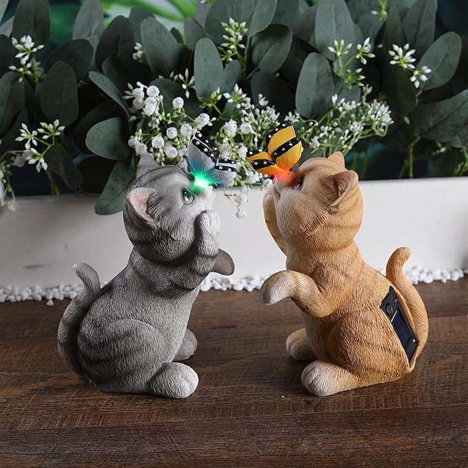 Cat Garden Statue Outdoor Solar Decorations Butterfly Light Figurine Color Changing LED Lights Resin Sculpture Art Decor Patio Lawn Yard Housewarming Gifts for Women Grandma Mom-Ruum Studio Home