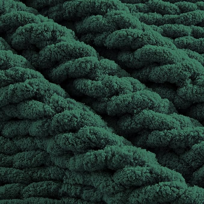 Carriediosa Chunky Knit Throw Blanket 50" X 60", 100% Hand Made Large Chenille Loop Yarn Soft Fluffy Throws for Couch Sofa Bed, Big Crochet Cozy Heavy Thick Cable Woven Blankets, Dark Green-Ruum Studio Home