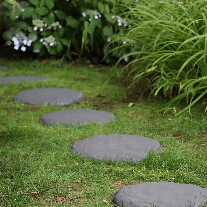 Ei Circular 15.5” Stepping Stones with Ground Stakes - Home or Garden Step Stones for Outdoor Walkway or Pathway Pavers - Resin Material (4, Light Grey Stone)-Ruum Studio Home