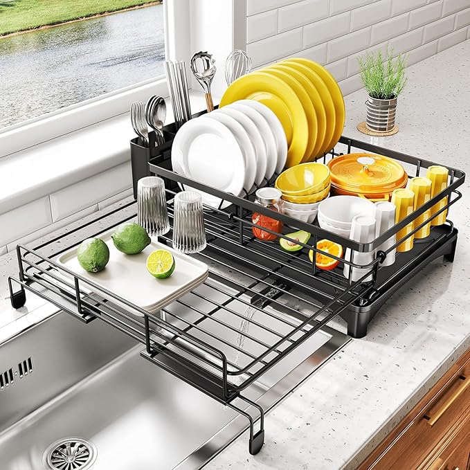Dish Drying Rack - Extendable Dish Rack, Large Sink Drying Dish Drainer for Kitchen Counter, Stainless Steel Dish Strainer with Utensil Holder (Black)-Ruum Studio Home