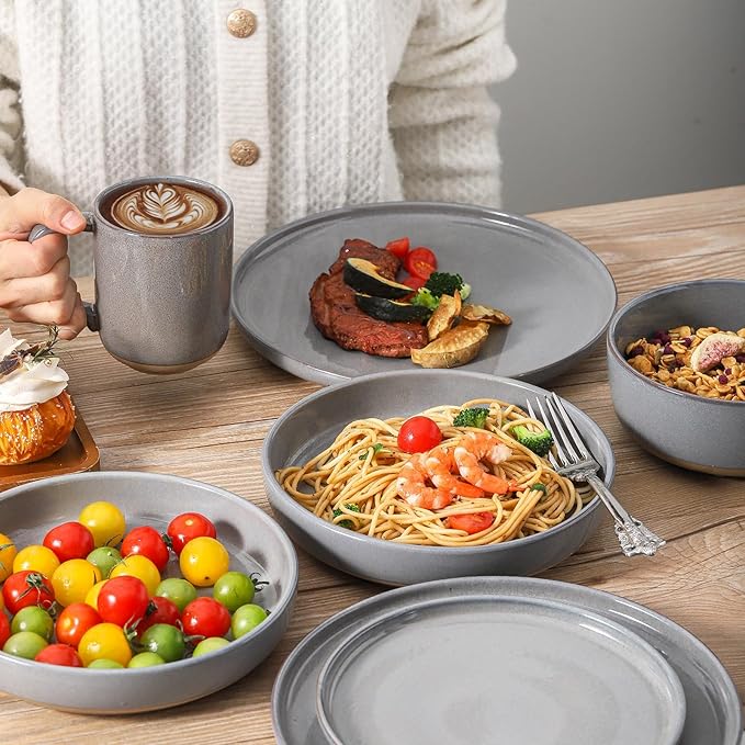Pasta Bowls 26 OZ,Ceramic Salad Serving Bowls Set of 4,Large 8.2 inch Shallow Bowls Plates for Soup,Fruit,Noodle,Dinner,Dishwasher & Microwave Safe,Gray-Ruum Studio Home