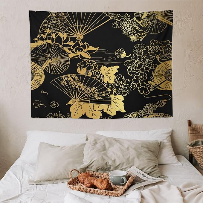 HZOHNAGO Japanese Tapestry Gold Flowers Umbrella Fan Pattern Printed Wall Tapestry Painting Wall Hanging for Bedroom Living Room Dorm 40" W x 30" H-Ruum Studio Home