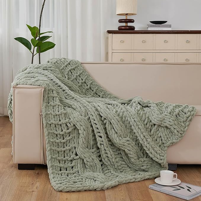 Esterra Chunky Knit Blanket Throw 50"x60", 100% Hand Knitted Chenille Throw Blanket, Cozy Soft Thick Cable Knit Throw Large Rope Knot Crochet Throw Blanket for Sofa Couch Bed, Sage Green-Ruum Studio Home