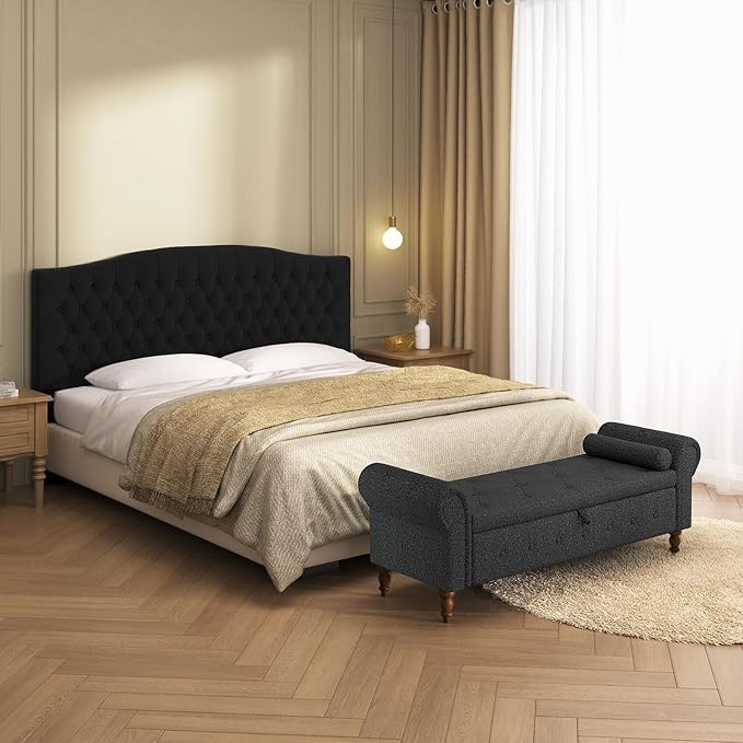Storage Ottoman Bench for Bedroom, 63" End of Bed Bench with Rolled Arms Upholstered Ottoman Bench Fit for Bedroom, Living Room, Entryway, Linen Dark Gray-Ruum Studio Home