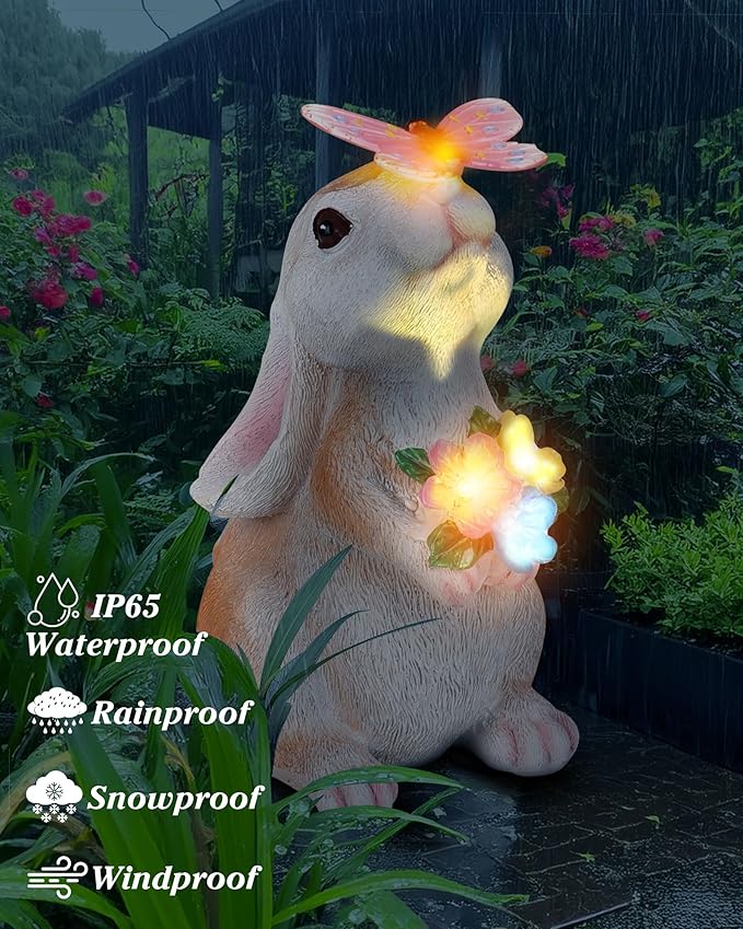 Vermeyen Solar Garden Statues Outdoor Decor-Yard Decorations for Patio,Balcony,Backyard,Lawn Ornaments-Easter Bunny Figurines with LED Light-Unique Birthday Gardening Gifts for Women,Mom,Grandma-Ruum Studio Home