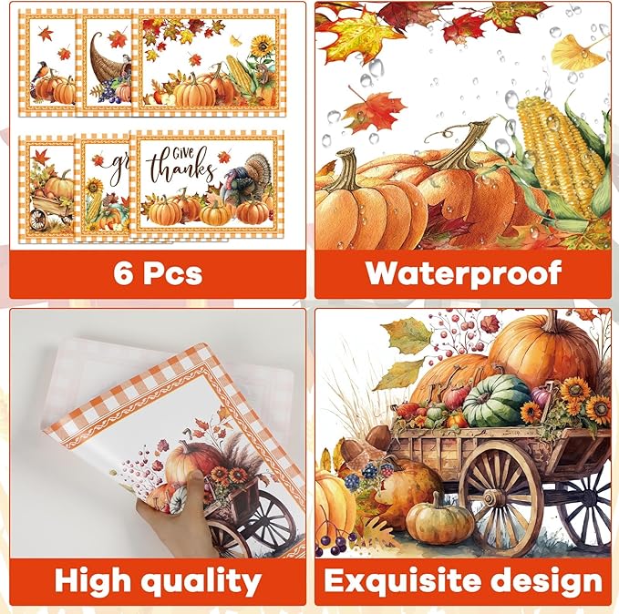 Thanksgiving Placemats Set of 6 Thanksgiving Day Plastic Table Mats Welcome Fall Place Mats Washable Vinyl Rustic Holiday Table Decoration for Indoor Outdoor Autumn Party Kitchen Dining-Ruum Studio Home