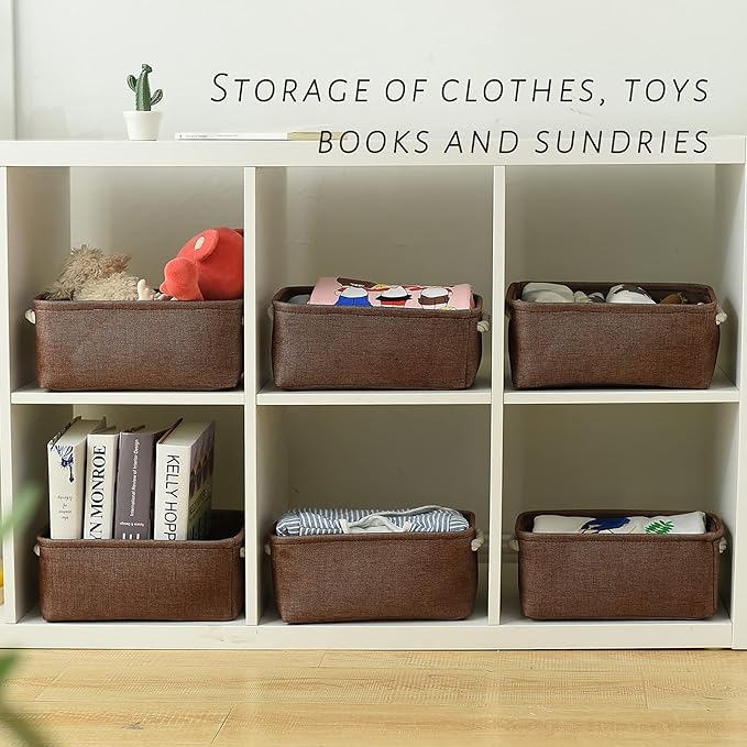 TheWarmHome Storage Basket for Organizing - 12x8x5 inch Small 6 Pack Collapsible Storage Bin for Shelves with Handles, Canves Storage Box for Cloth Closet Organizer Gift Toy (Brown)-Ruum Studio Home