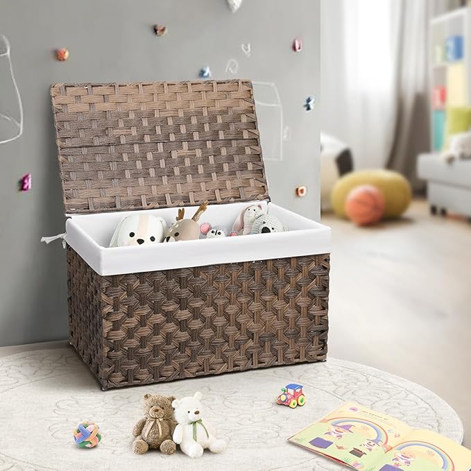 Wicker Storage Basket with Lid, 42.3 Gallon (160L) Large Blanket Basket with Lid, Woven Storage Bin with Handles, Removable Liner, Metal Frame, Foldable, for Bedroom, Laundry Room, Brown-Ruum Studio Home