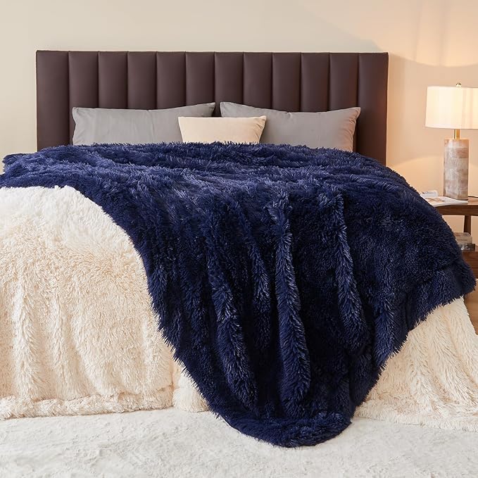 GONAAP Fuzzy Faux Fur Throw Blanket Twin Size Dark Navy Super Soft Cozy Plush Fuzzy Shaggy Blanket for Couch Sofa Bed (Dark Navy, Twin(60"x80"))-Ruum Studio Home