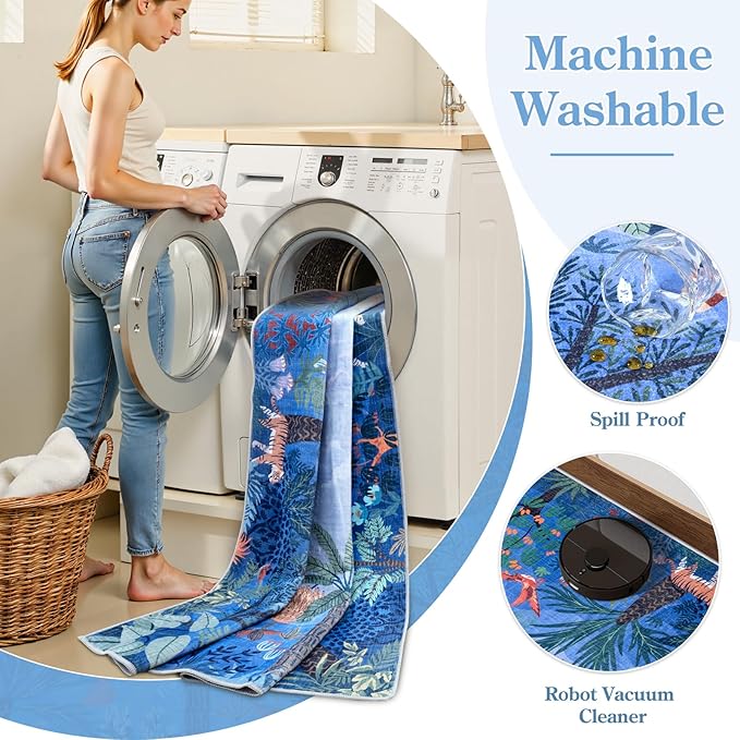 LIVEBOX Washable Jungle Animal Print Rugs 9x12 Blue Rugs for Living Room, Stain Resistant Soft Kids Area Rugs for Bedroom, Non-Skid Modern Dining Room Rug Floor Carpet for Playroom Kids Nursery-Ruum Studio Home