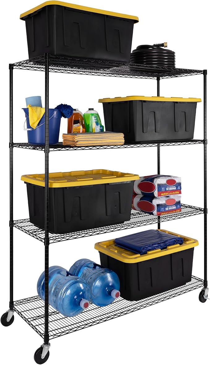 Seville Classics UltraDurable Heavy Duty NSF Solid Steel Wire Rack Storage Unit, Organizer for Garage, Warehouse, Office, Restaurant, Classroom, Kitchen, Black, 4-Tier Shelving, 60" W x 24" D-Ruum Studio Home