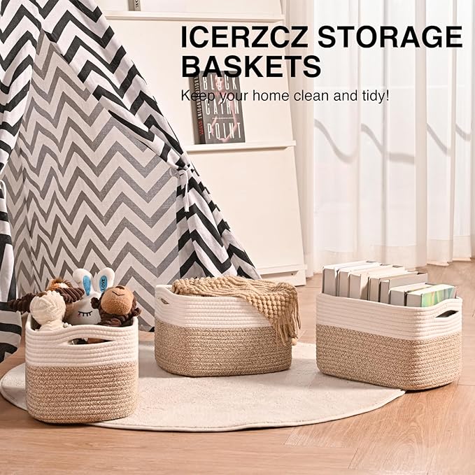 Storage Baskets for Shelves, Woven Storage Basket, Bins for Cube Storage, Cotton Rope Basket with Handles for Toy, Book, and Clothes Living Room, (4 Packs) Off White & Brown-Ruum Studio Home