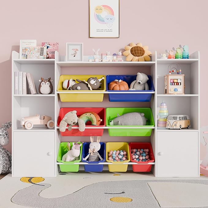Xilingol Kids Toy Storage Organizer W/8 Removable Toy Bins, 4-Tier Toy Organizers W/6 Storage Cubbies, Kid Bookshelf and Toy Storage for Playroom, Bedroom, Kids Room, Classroom-Ruum Studio Home