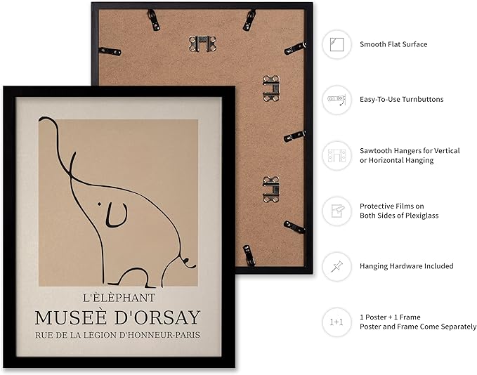 Poster Master Vintage Poster - Retro Minimalist Print - Gift for Artist, Housewarming - Elephant, Line Drawing, Sketch, Abstract - Wall Decor for Living Room, Bedroom, 8x10 Black Framed-Ruum Studio Home