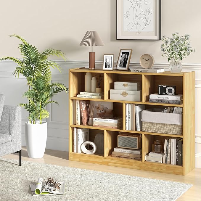 Tangkula 8-Cube Bookcase, Wood 3 Tier Open Storage Bookshelf, Modern Multipurpose Display Cabinet for Living Room, Study, Reading Nook, 48 x 12.5 x 36.5 Inch, Burlywood-Ruum Studio Home