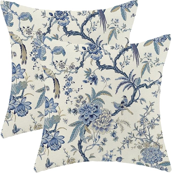CXMEIFLY Spring Floral Birds Pillow Covers 20 x 20 Inch Set of 2 for Chinoiserie Flowers Decor Throw Pillows Blue and White Plant Outdoor Decorative Cushion Cases for Couch Bed Decorations-Ruum Studio Home
