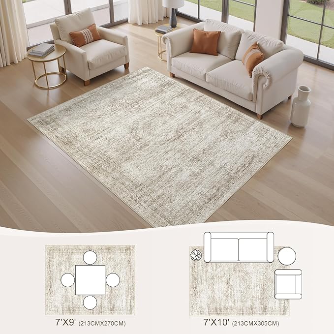 Washable Area Rugs for Living Room -7x9 Neutral Vintage Distressed Floral Farmhouse Boho Large Soft Floor Rug Indoor Non Slip Carpet for Living Room Bedroom Dining Room Office-Beige-Ruum Studio Home