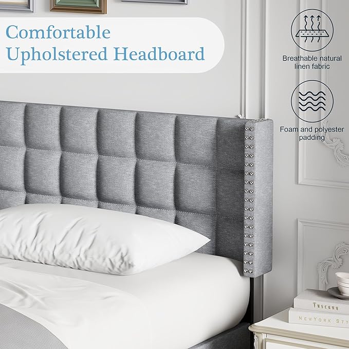 VECELO Headboard King Size, Linen Upholstered Headboards Only with Nailhead Trim Wingback, Square Stitched Design, Adjustable Height from 40" to 49.8", Light Grey-Ruum Studio Home