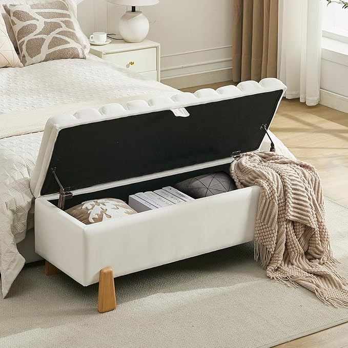 Storage Ottoman Bench for Bedroom Small Spaces 48.6 Inch with Hinged Lid Solid Wood Tapered Legs Tufted Upholstered Fabric for Living Room & Bedroom, Beige-Ruum Studio Home
