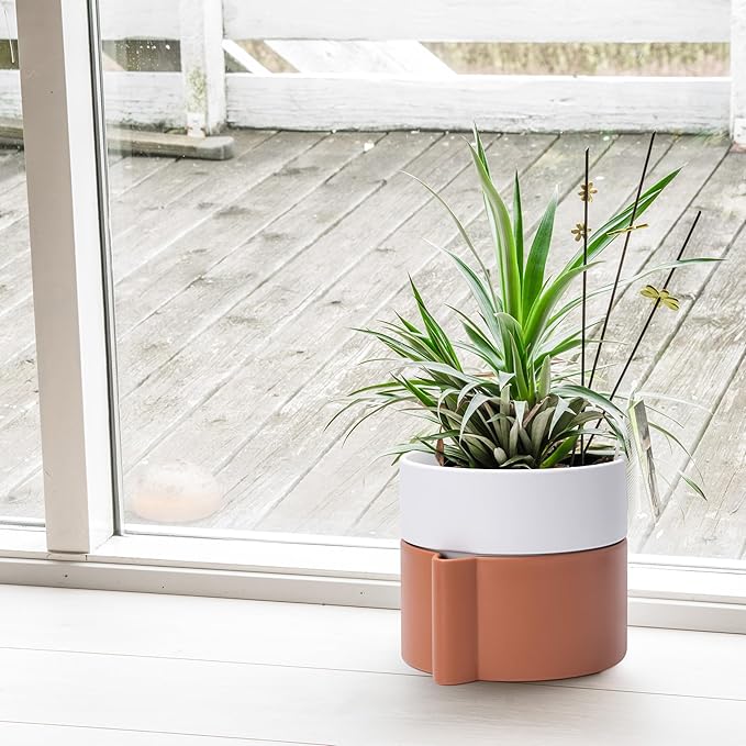 8 Inch Self-Watering Planter Pot with Terracotta Insert, Deep Water Reservoir, and Ceramic-Alike BPA-Free Plastic Planter Pot for Plant, Modern Planter for Houseplants, Terracotta/White, 53-B-T-6-Ruum Studio Home