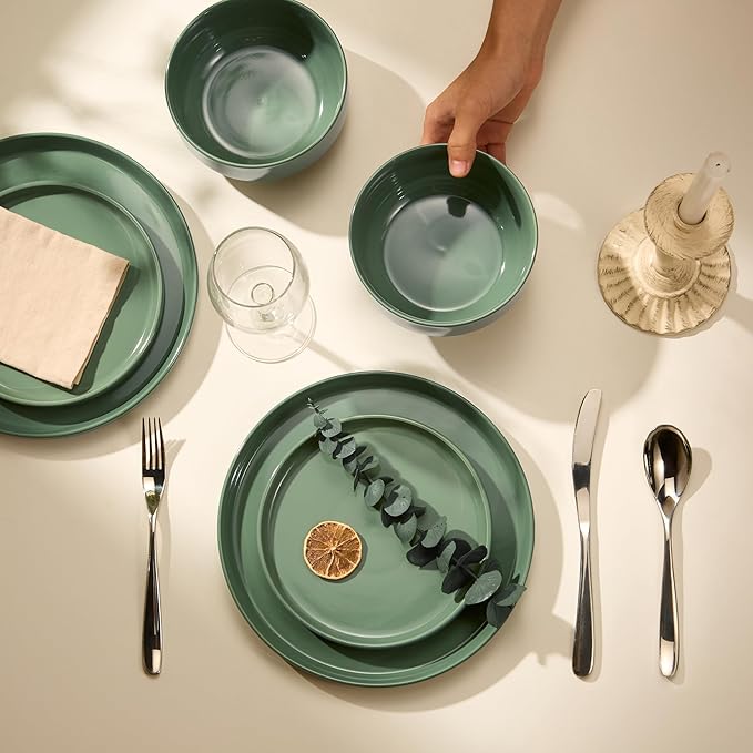Ceramic Dinnerware Set, 12-Piece Service for 4, Round, Microwave and Dishwasher Safe, Cambridge Classics (Dusty Jade)-Ruum Studio Home