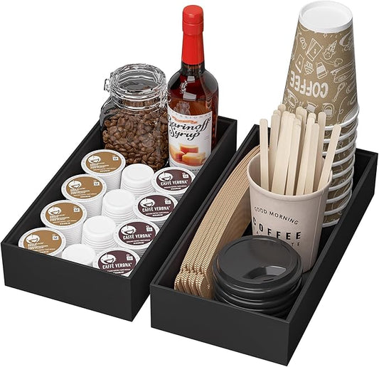 Kitchen Drawer Organizer Bins, Stackable Bamboo Drawer Organizer for Silverware, Coffee Pod Organizer K Cup Holder for Countertop, 2 Pcs Coffee Station Organizer Black 12" x 6" x 2.5"-Ruum Studio Home