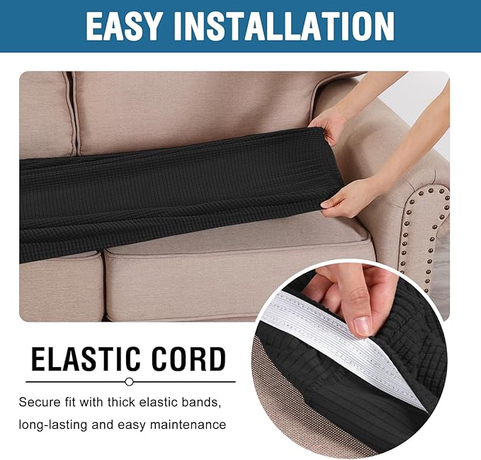 H.VERSAILTEX Super Stretch Individual Seat Cushion Covers Sofa Covers Couch Cushion Covers Slipcover Sets Thick Jacquard Textured Twill Fabric (1 Piece Loveseat Cushion Cover, Black)-Ruum Studio Home