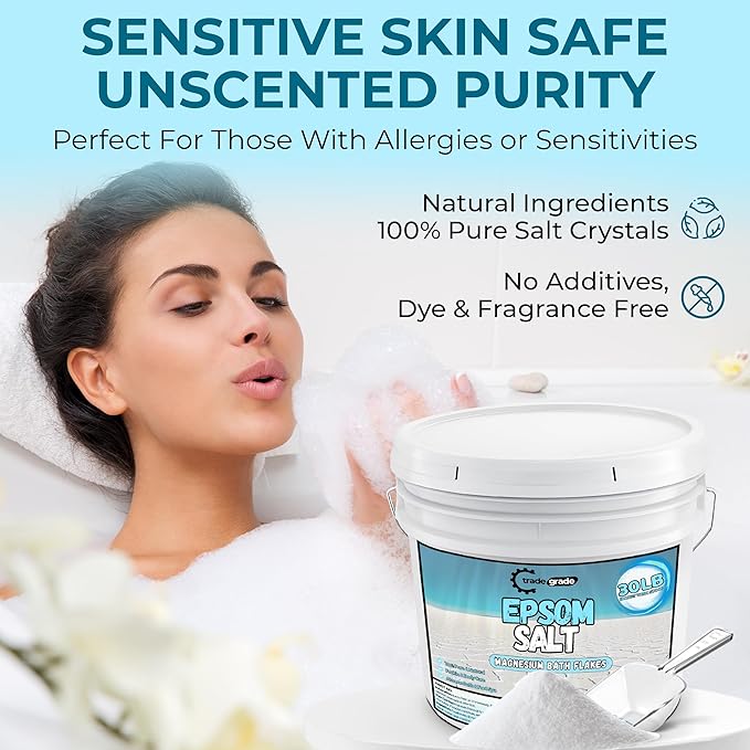 Epsom Salt Bath Soak 30 lb Bucket – Unscented, Pure Epsom Salt Bulk Crystals, Magnesium Sulfate for Full Body or Foot Soaks, Resealable Container with Scoop for Home Bath Use-Ruum Studio Home