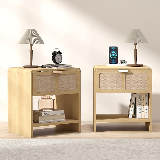 LEVNARY Nightstand Set of 2, Mid-Century Modern Bedside Table with Charging Station and Fabric-Like Textured Drawer, Wooden End Table for Farmhouse Bedroom Living Room (2, Natural)-Ruum Studio Home