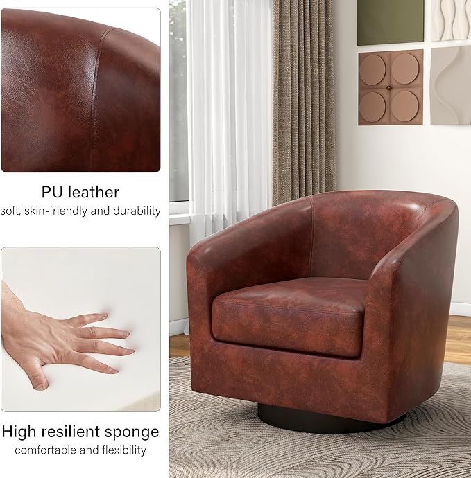 Swivel Barrel Accent Chair, Modern Round Faux Leather Arm Chair for Living Room, Bedroom, Comfy Club Reading Chairs for Adults(Faux Leather, Red Brown, Set of 2)-Ruum Studio Home