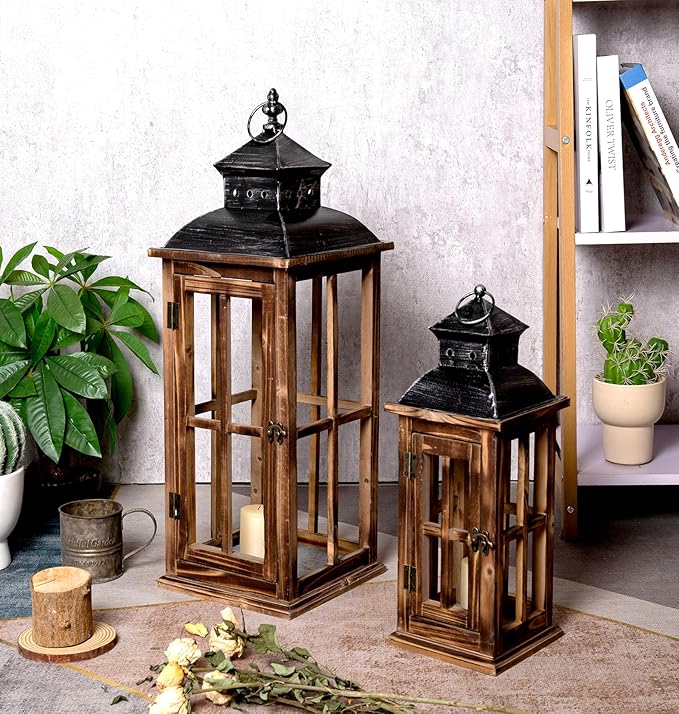 Large Farmhouse Decorative Wooden Lanterns Set of 2, Rustic Burnt Wood Floor Lanterns, Indoor/Outdoor Hurricane Lanterns for Home Decor (No Glass)-Ruum Studio Home
