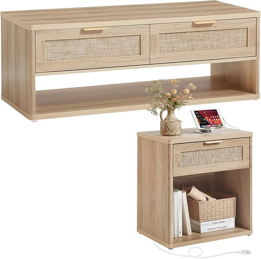 LEYAOYAO Boho Rattan Coffee Table Sets 2 Pieces, Nightstand with Charging Station and Coffee Table with Hidden Storage Compartment, Natural Living Room Table Set, Wood Furniture Sets for Home Office-Ruum Studio Home