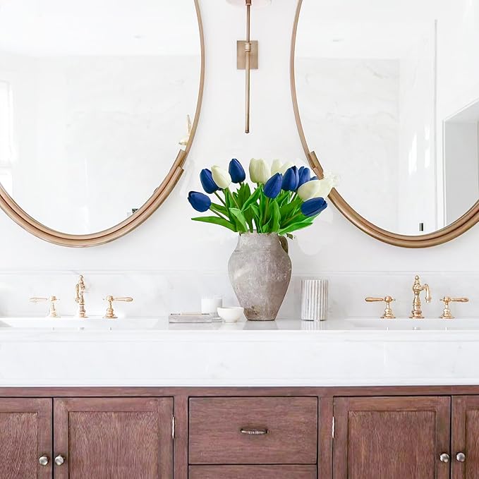 Mandy's Artificial Tulips 20 Stems Blue and White PU Faux Flowers for Wedding Home Decor 13.5 Inch-Ruum Studio Home